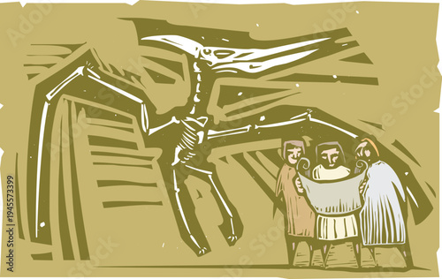 Woodcut style image of Paleontologists finding a Pterodactyl Fossil