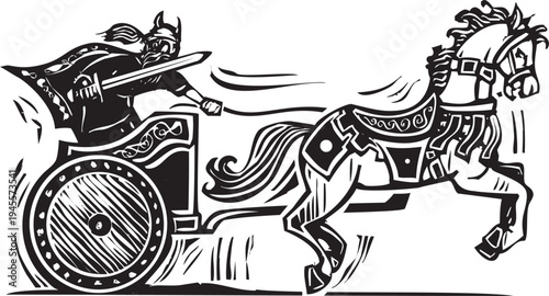 Woodcut style image of a viking in a chariot