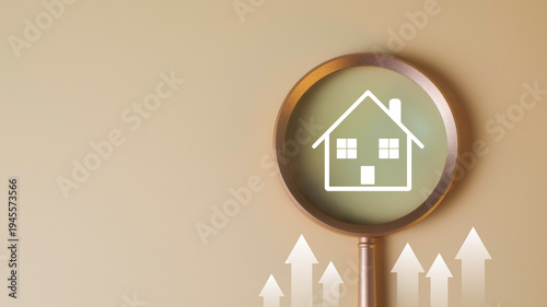 Real estate property search and housing investment. Magnifying glass focusing on house icon representing property analysis, apartment agreement, real estate market research and home buying decision.