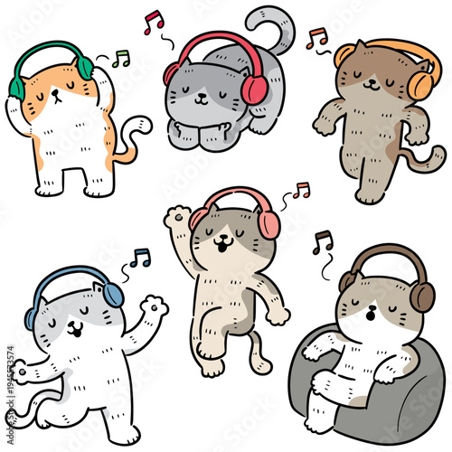vector set of cat listening music