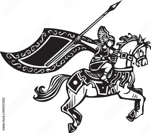Woodcut style image of a norse Valkyrie on Horseback