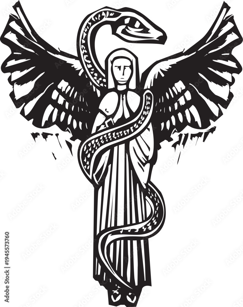 Naklejka premium Woodcut style image of a winged Angel and Serpent