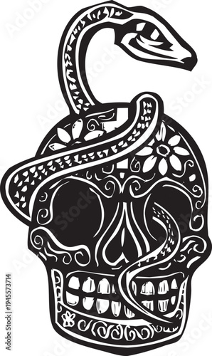 Woodcut style image of a Mexican day of the dead skull wrapped by a serpent 