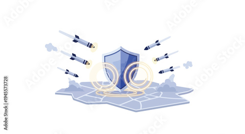 Flat 2D illustration of a blue shield with circular defense concept on a map background, surrounded by incoming missiles in a graphic representation of protection and security.