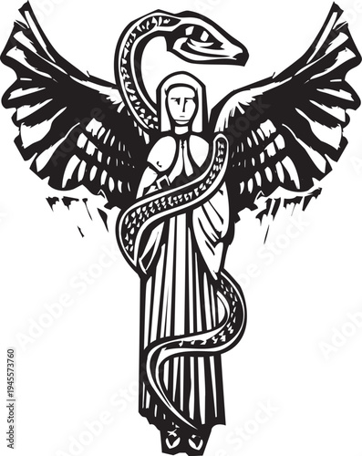 Woodcut style image of a winged Angel and Serpent
