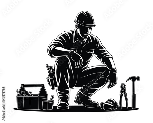 Construction worker in hard hat crouching down with tools and toolbox ready for work