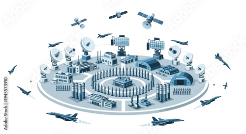 Flat 2D illustration of a cityscape with various defense and missile systems, showcasing a concept of protection and security.