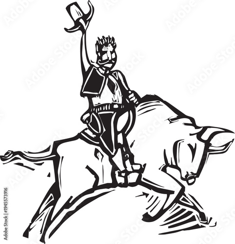 Woodcut style image of a cowboy riding a bull at a rodeo 