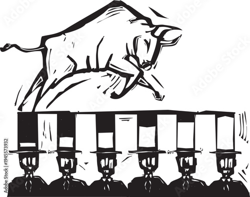 Image representing the Bull Stock market with the animal running over the heads of the bankers