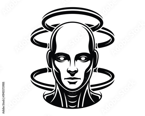 Futuristic humanoid head with abstract orbiting rings in bold black and white graphic style