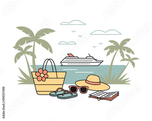 Tropical beach vacation scene with cruise ship palm trees beach bag hat sunglasses and book