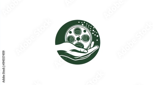 Wallpaper Mural Green hand holds film reel, surrounded by dots inside a circle, against a white space Torontodigital.ca