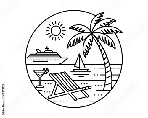 Vacation beach scene illustration with a cruise ship sailboat palm tree deck chair and cocktail