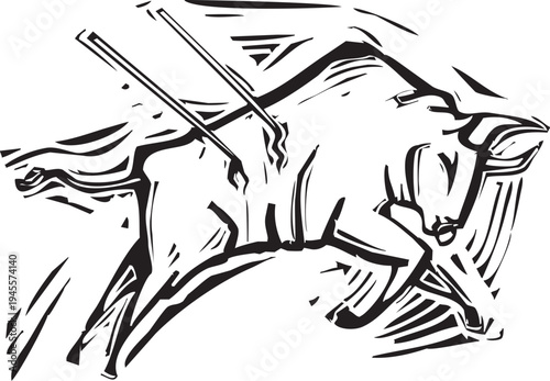 Woodcut style image of a bull being speared