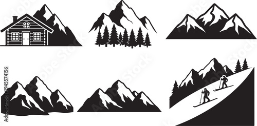 Mountain Silhouette Icons with House and Skiers in Winter