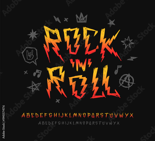 Grunge style type font and Rock'n'roll poster vector template. Set of Rock music logo, Punks signs doodle style font alphabet for print tee and apparel design design. Rock music hand drawn lettering