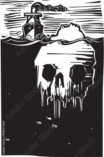 Woodcut style image of a ship at sea approaching an iceberg in  the shape of a skull