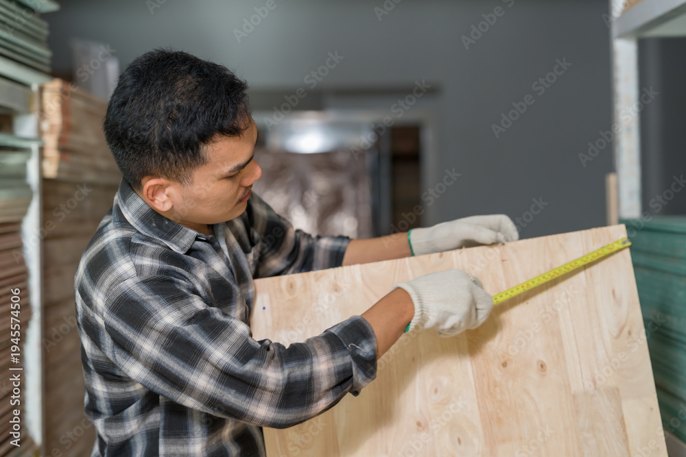 Fototapeta premium Asian male carpenter checking wood board length and alignment using tape measure, woodworking business owner ensuring material accuracy for furniture manufacturing inside interior workshop environment