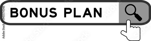 Search banner in word bonus plan with hand over magnifier icon on white background