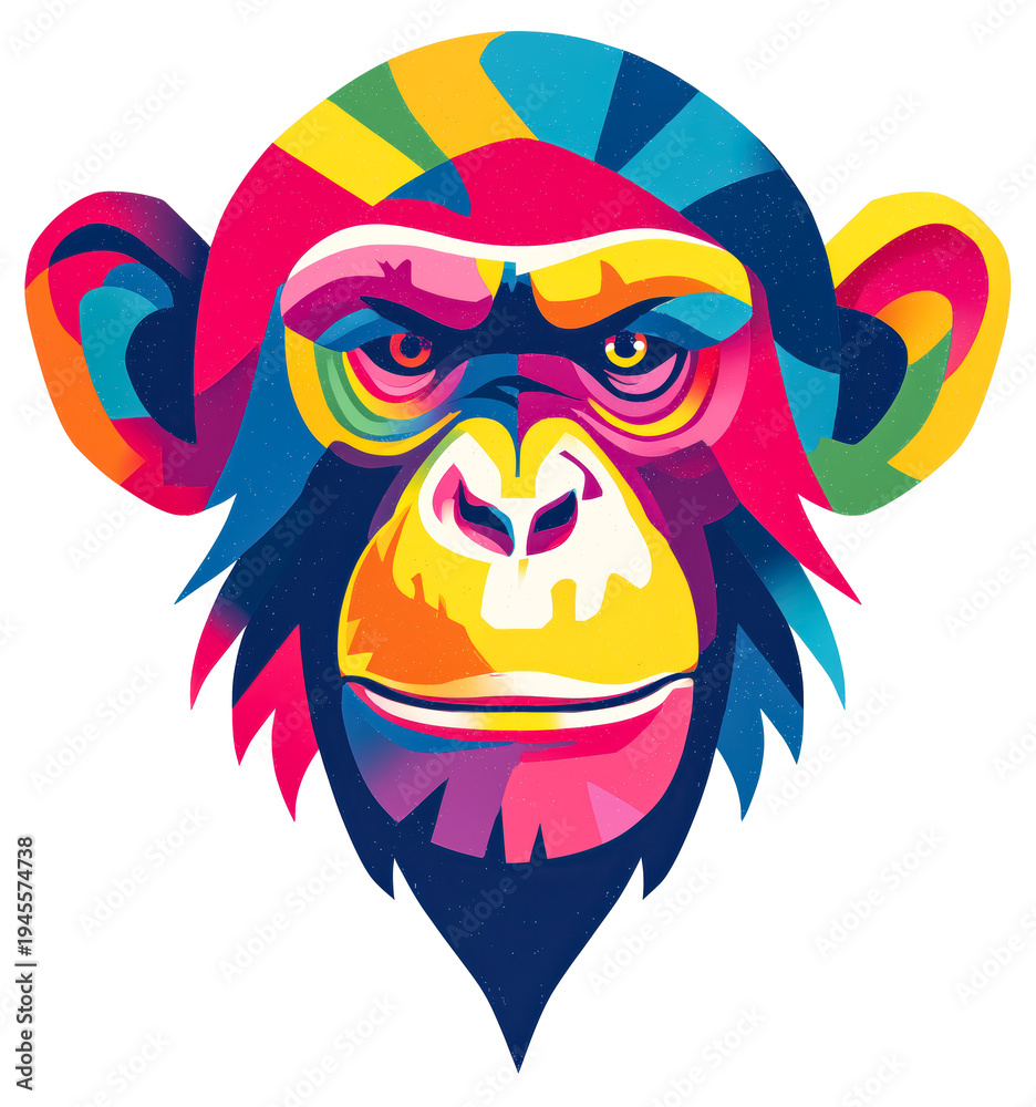 Fototapeta premium Colorful monkey face vector vibrant chimp head illustration geometric pop art style bold rainbow palette abstract animal portrait graphic design icon modern mascot playful mood, isolated
