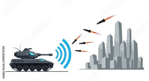 A gray tank with blue accents fires missiles and defense systems towards a cityscape in a flat 2D illustration with a concept design.