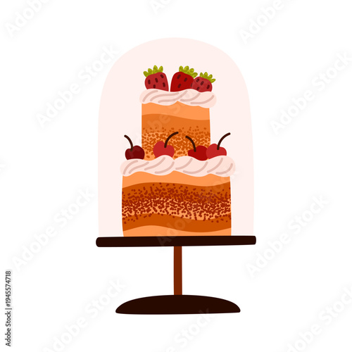 A delicate sponge cake with cream and strawberry. A dessert perfect for birthdays, anniversaries, and weddings. Vector illustration isolated on a white background.