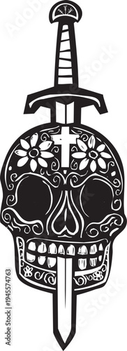 Woodcut style image of a sword sticking out of a Mexican day of the dad sword