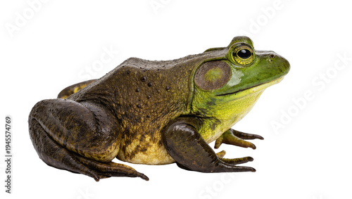 Photos Isolated large green and brown bullfrog amphibian in profile, studio shot, wildl