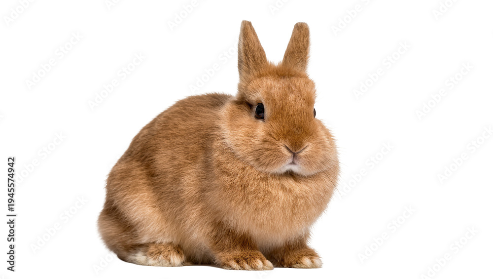 Naklejka premium Isolated cute fluffy domestic brown rabbit, a charming pet bunny sitting calmly and looking forward.