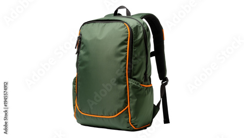 Obraz na plátně Isolated functional dark green backpack with orange accents, convenient everyday