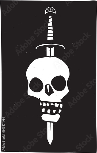 Woodcut style image of a sword piercing a skull