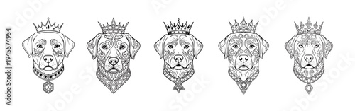 Set of Royal Labrador Dog Portraits with Crowns, Ornate Line Art Vector