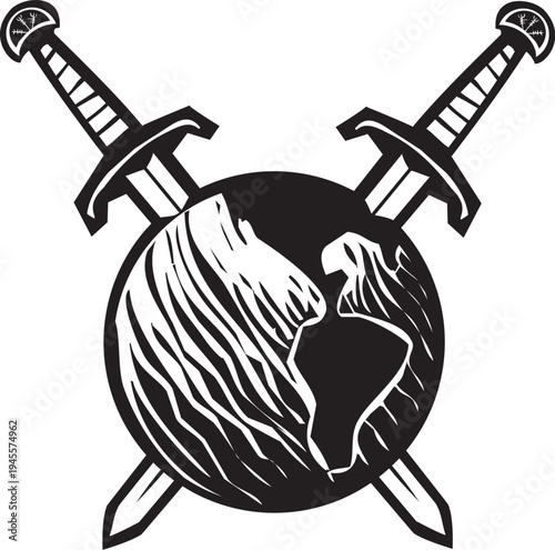 Woodcut style image of two crossed swords penetrating the earth