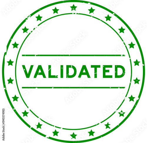 Grunge green validated word round rubber seal stamp on white background