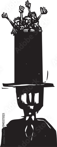 Woodcut style image of a banker in top hat with children struggling to come out of the top