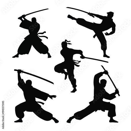 Silhouettes of martial artists in various fighting stances with swords