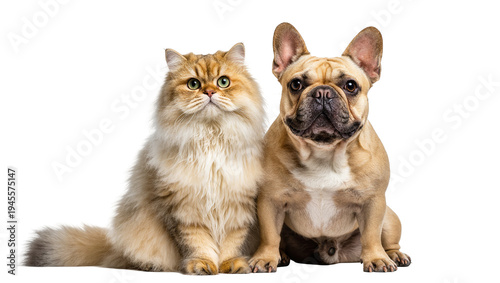 Quadro su tela Isolated cute long-haired cat with green eyes and a fawn French Bulldog sitting side by side