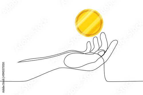 human hand with a gold coin hovering above the palm, representing wealth, financial success,