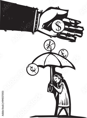 Woodcut style image of man with an umbrella resisting a bribe being dropped on him by a giant banker's hand