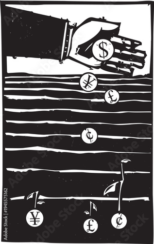 Woodcut style image of a banker's hand planting money in a field to grow
