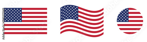United States Flag Icon Set American Stars and Stripes Flat, Waving and Round USA Flag Vector Collection