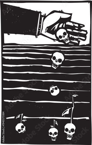 Woodcut bankers hand planting skulls to grow in a field