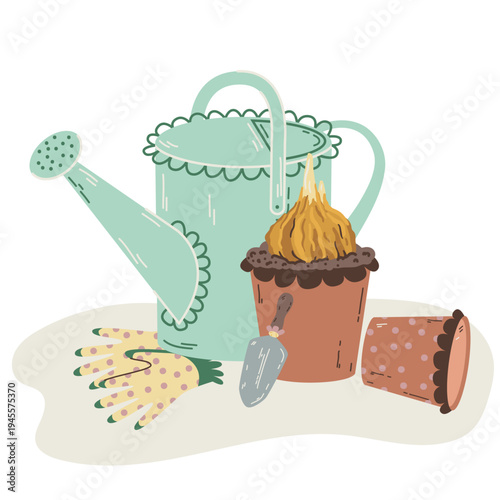 Gardening tools composition with watering can, flower pots, bulb and gloves