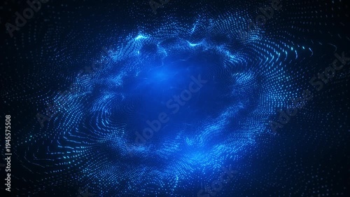 Blue glowing particle vortex forming a digital cosmic tunnel. Abstract futuristic technology background with flowing energy waves and dynamic motion.