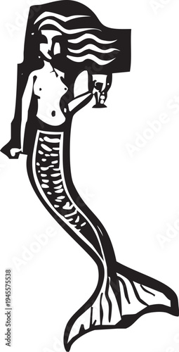 Woodcut style image of a mermaid drinking wine