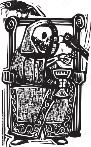 Woodcut image of death on a throne with crows