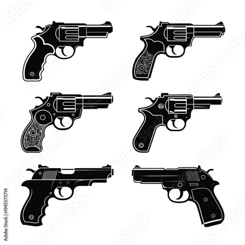 A collection of six different handguns on a white background