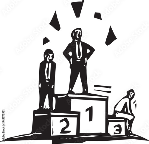 Woodcut style image of a competition of businessman