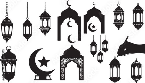 Ramadan Kareem Islamic Silhouette Lanterns and Moon Symbols Vector