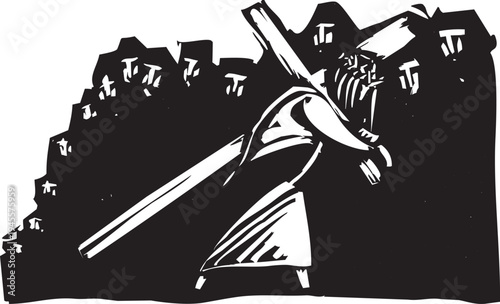 Woodcut style image of Jesus carrying his cross